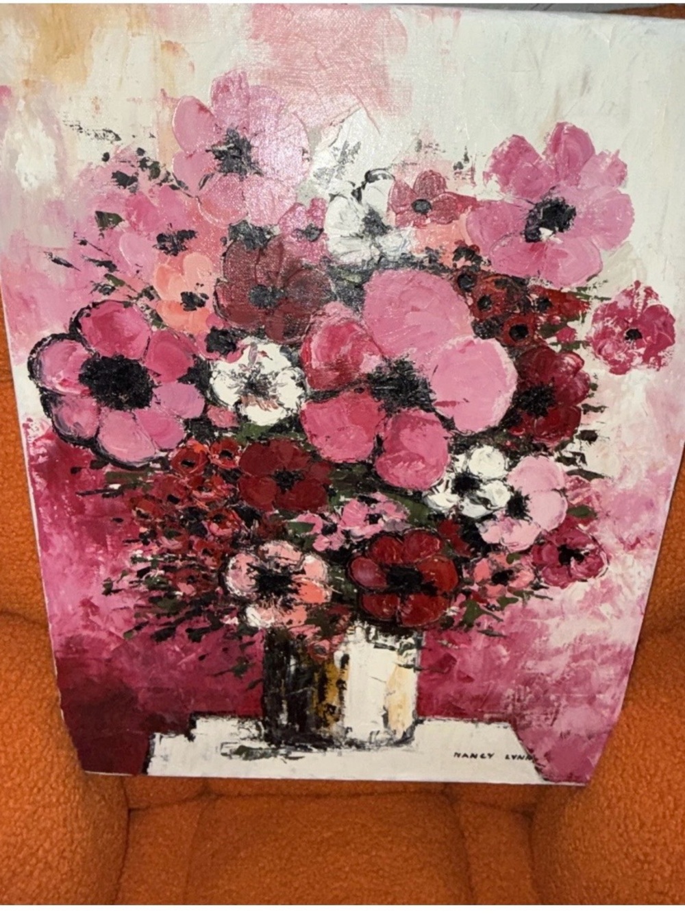 Nancy LYNN Pink and Red Floral Canvas Bouquet Painting